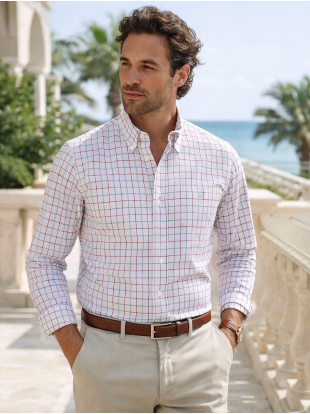 Faconnable Mens L‎ 41 Check Button Shirt Blue Red French Classic Cotton
